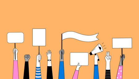 Set of hands with posters, megaphone, signs, banners and placards. Vector illustration in doodle style.のイラスト素材