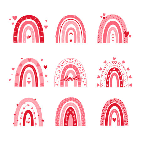 Valentine rainbows vector set isolated on a white background. Childish illustration for posters, banners, print, icon, greeting cards.のイラスト素材