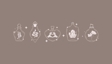 Doodle style magic bottles with snake, female hands, crystals, olive branch.のイラスト素材