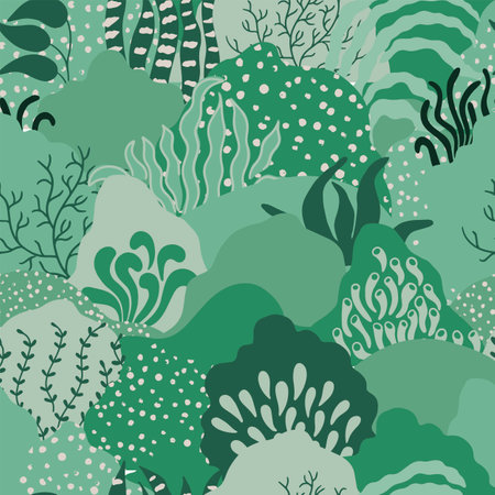 Modern abstract floral background. Vector flat illustration with green leaves and  hills. Can be used for textiles, wrapping papers, packaging.のイラスト素材