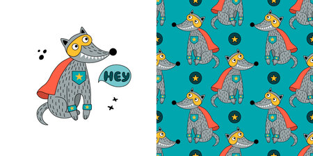 Wolf in a superhero costume.Vector set with a wild animal and seamless pattern.のイラスト素材