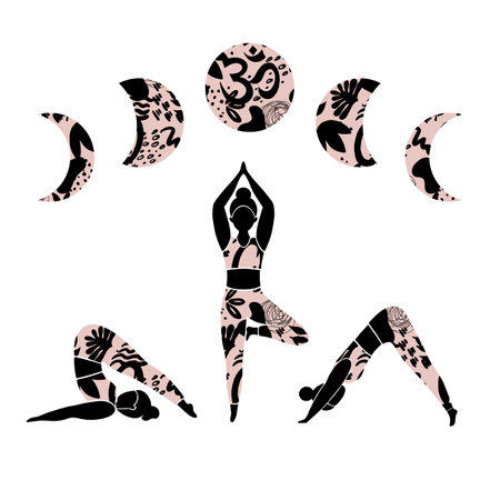 Woman are doing yoga exercises. Vector illustration with a female character in different asanas and the moon in different phases isolated on a white background.のイラスト素材