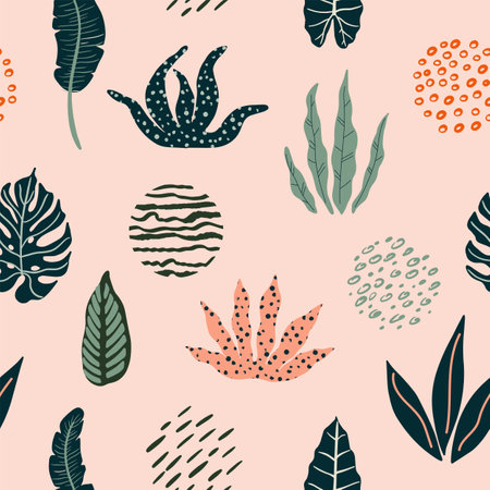 Modern seamless pattern with tropical leaves and abstract geometric shapes. Vector flat illustration. Can be used for textile, wallpaper, print, wrapping.のイラスト素材