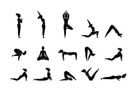 Woman doing yoga exercises, set. Vector female character in different asanas and poses isolated on a white background.のイラスト素材
