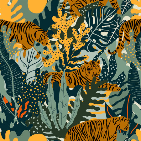 Vector seamless pattern with tiger, and tropical leaves. Trendy illustration in a modern style.のイラスト素材