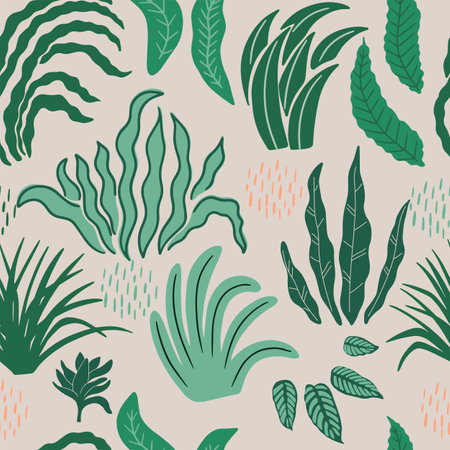 Modern abstract floral background. Vector flat illustration with green leaves. Can be used for textiles, wrapping papers, packaging.のイラスト素材