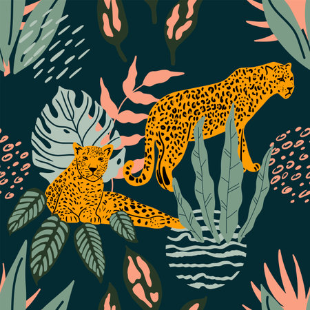 Vector seamless pattern with leopard, tropical leaves and abstract shapes. Trendy illustration in a modern style.のイラスト素材