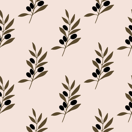 Olive tree branch with olives. Modern seamless pattern. Can be used for kitchen decor, packaging, textiles.のイラスト素材