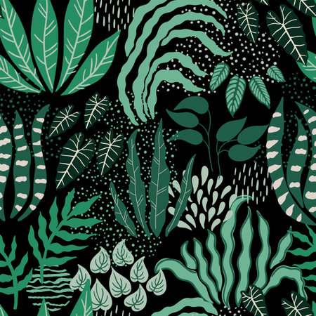 Modern abstract floral background. Vector flat illustration with green leaves and  hills. Can be used for textiles, wrapping papers, packaging.のイラスト素材