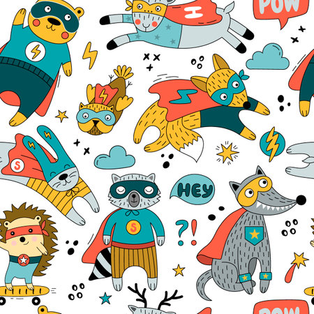 Seamless pattern with animals in funny superhero costumes. Cute vector background with hare, fox, owl, mouse, hedgehog, raccoon, bear isolated on white background. Can be used for nursery, textile, wallpaper, wrapping, print.のイラスト素材