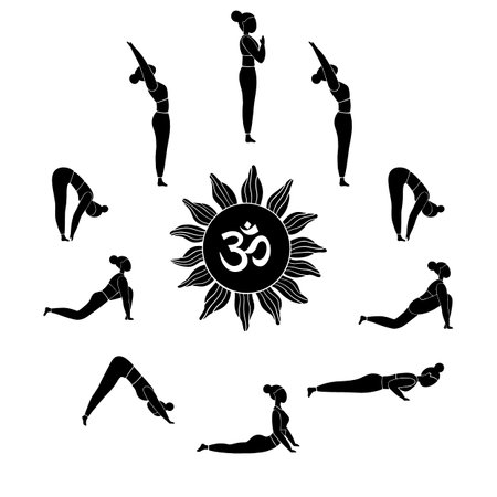 Woman doing yoga exercises surya namaskar/sun salutation. Vector female character in different asanas and poses isolated on a white background. Set of yoga practice.のイラスト素材
