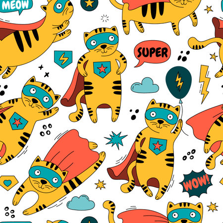 Seamless pattern with a cat in a superhero costume. Kitty in different poses isolated on white background.のイラスト素材