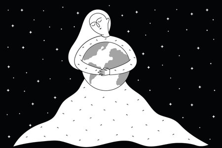 A woman holds the earth in her hands against the background of the starry sky. Vector doodle illustration.のイラスト素材