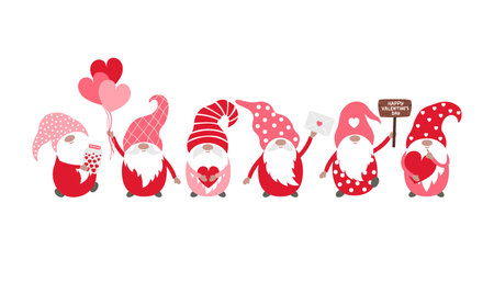 Valentine gnomes vector illustration isolated on a white background. Cute gnomes character with balloons, a letter, heart, wooden sign.  Can be used for poster, greeting cards, stickers and etcのイラスト素材