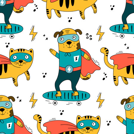 Cute cats and dogs in superhero costumes. Can be used in nursery, print, wallpaper, textiles.のイラスト素材