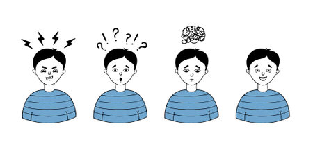 A set of boys' faces expressing different emotions such as anger, sadness, joy, surprise. Vector illustration isolated on white background.のイラスト素材