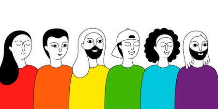 LGBT community. A group of people in rainbow t-shirts. Human rights. Vector doodle illustration isolated on white background.のイラスト素材