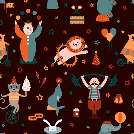 Circus seamless pattern with clowns, acrobats, lions, seals, elephants, monkeys, etc. Can be used for circus performance, birthday party, carnival. Vector background.のイラスト素材
