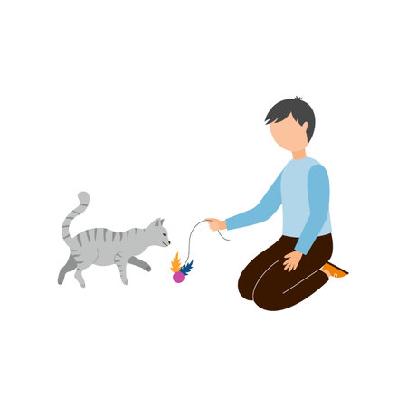 The boy plays with a ball with a gray cat. Vector flat illustration with a male and a pet isolated on a white backgroundのイラスト素材