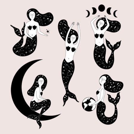 A magical set of mermaids, stars, zodiac signs, planets, moon, meteorites. Vector beautiful illustration with young mermaids. Can be used for branding, stickers, posters, home decor.のイラスト素材