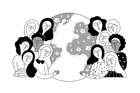 Earth day! Save our planet. A group of women stands around the earth and hugs her. Vector illustration for banner, card, poster.のイラスト素材