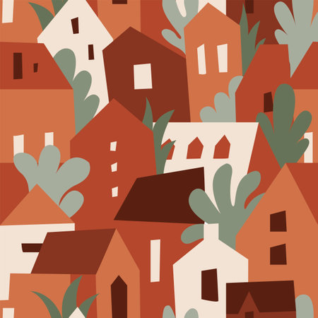 Modern seamless pattern with abstract houses and trees. Childish vector background. Can be used for fabric, textile, wallpaper.のイラスト素材