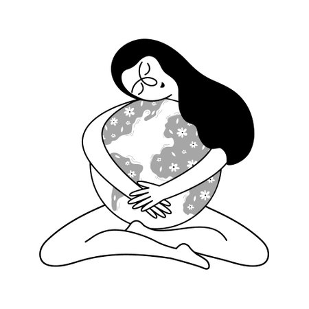 Earth day! The woman hugs the earth with her arms. Doodle vector illustration with girl and Earth isolated on a white background.のイラスト素材