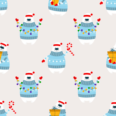 Polar bears with garland, gift, and candy cane. Christmas vector seamless pattern with cartoon characters.のイラスト素材
