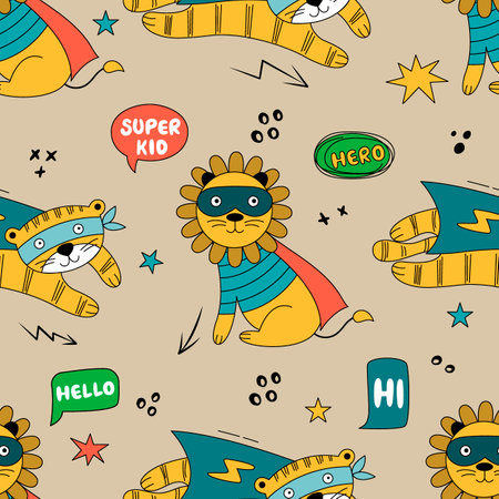 Seamless pattern with wild animals in superhero costumes. Cute vector background with tiger, lion, speech bubbles and stars.のイラスト素材