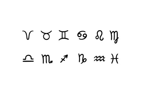 Zodiacal constellations in hand-drawn style isolated on a white background. Collection of 12 vector zodiacal sign Aries, Taurus, Leo, Gemini, Virgo, Scorpio, Libra, Aquarius, Sagittarius, Pisces, Capricorn, Cancer.のイラスト素材
