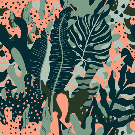 Modern seamless pattern with tropical leaves and abstract geometric shapes. Vector flat illustration. Can be used for textile, wallpaper, print, wrapping.のイラスト素材