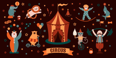 Circus objects collection: rabbit, clown, bear, lion, elephant, seal, juggler, monkey, etc. World Circus Day. Vector illustration isolated on white background.のイラスト素材