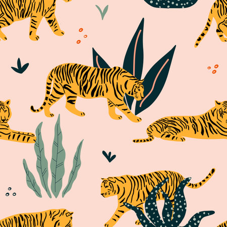 Vector seamless pattern with tigers, tropical leaves and abstract shapes. Trendy illustration in a modern style.のイラスト素材