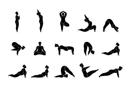 Plus size Woman doing yoga exercises, set. Vector female character in different asanas and poses isolated on a white background.のイラスト素材