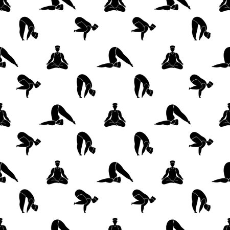 Plus-size woman doing yoga exercises.Vector seamless pattern with female character in different asanas and poses isolated on a white background.のイラスト素材