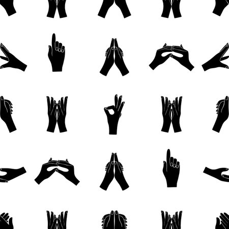 Yoga mudras.Vector seamless pattern with different gestures of human hands isolated on white background.のイラスト素材