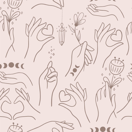 Women's hands are holding a crystal, flower, heart, moon. Vector seamless texture. It can be used for packaging, branding, printing on textiles.のイラスト素材
