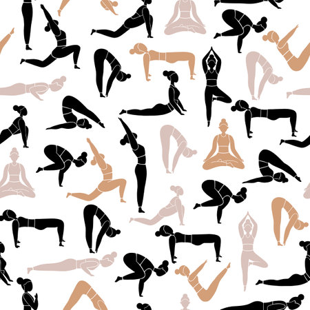 Silhouettes of women in different asanas. Vector illustration isolated on white background. Can be used to decorate a meditation hall, packaging, sportswear.のイラスト素材