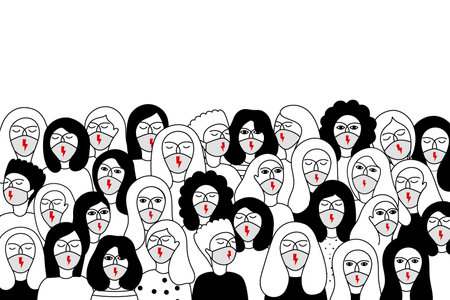 Women's protest. A group of women with masks and red lightning on it take part in a protest against the tightening of the abortion law in Poland. Vector doodle illustration isolated on white background.のイラスト素材