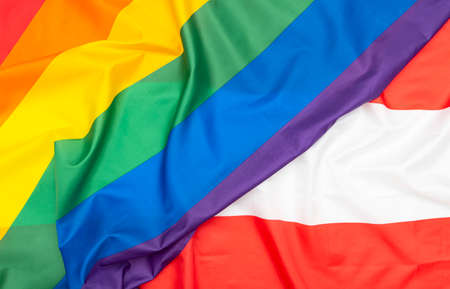 Natural fabric Flag of Austria and LGBT Rainbow flag as texture or background, concept picture about human rightsの写真素材