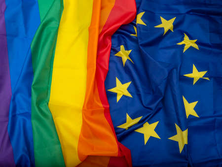 Fabric European Union EU and Rainbow flags, concept picture about human rightsの写真素材