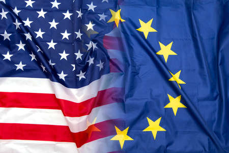 Gradient of Fabric USA American and EU European Union flags, conceptの写真素材