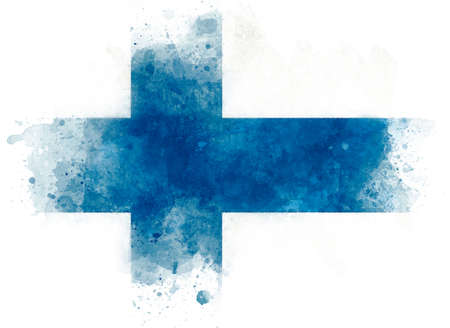 Illustration of Finland national flag, watercolor flag of Finland on paper backgroundの写真素材