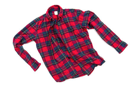 Red men's cotton plaid shirt isolated on white background