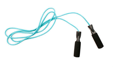Blue skipping rope or jump rope isolated on white background, top viewの写真素材