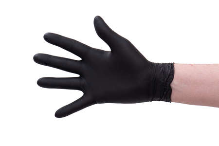 Hand in black latex glove isolated on white backgroundの写真素材