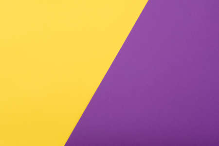Paper template with space for text, ideas. Colored paper yellow and purple, flat layの写真素材