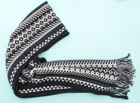 Fashion composition with winter blue scarf, layout with space for text, flat lay pictureの写真素材