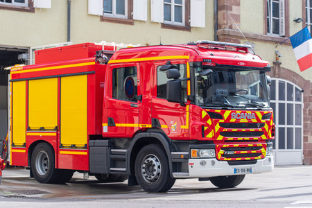STRASBOURG - CIRCA MAY 18: Modern French fire engine in a street of Strasbourg, May 2018 in Franceのeditorial素材
