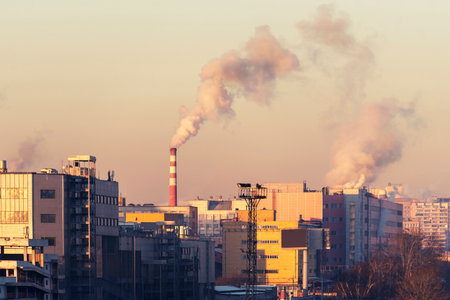 Cityscape with factories, pipes that pollute the air. Moscow, Russiaの写真素材